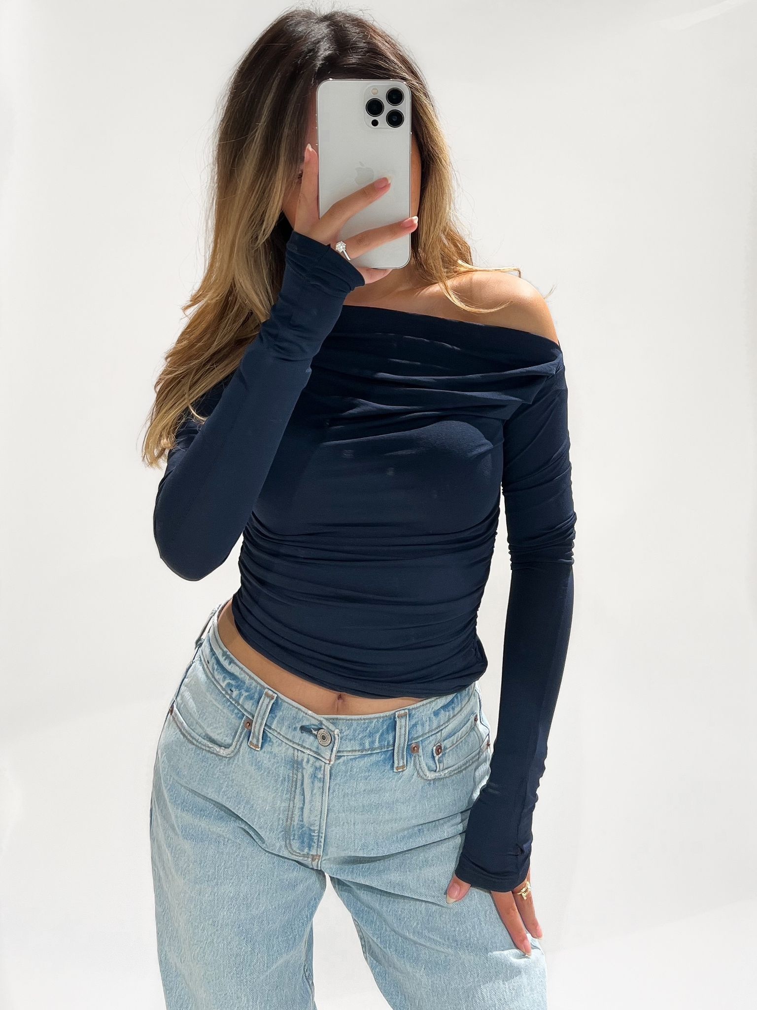 Maine Off Shoulder Top / Navy Blue