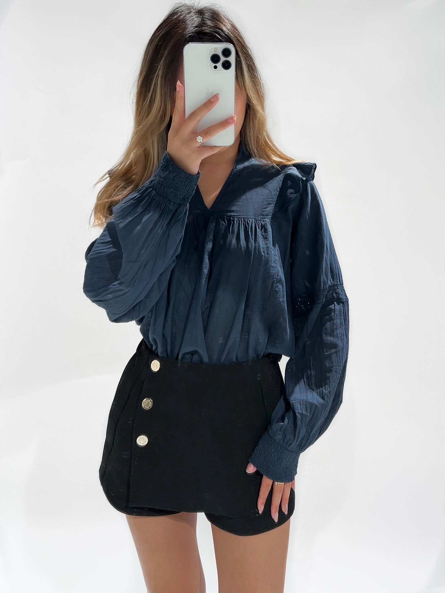 Navy sales ruffle blouse