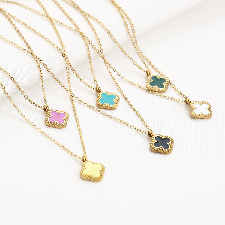 Gold Vintage Clover Charm Necklace / Black