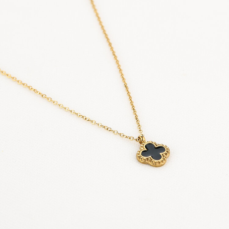 Gold Vintage Clover Charm Necklace / Black