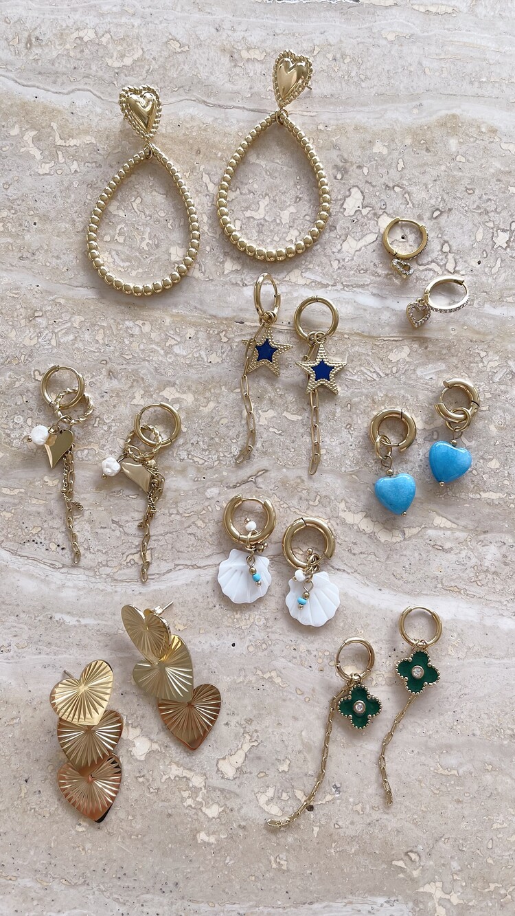 Gold Star Bead Dangle Earrings / Navy