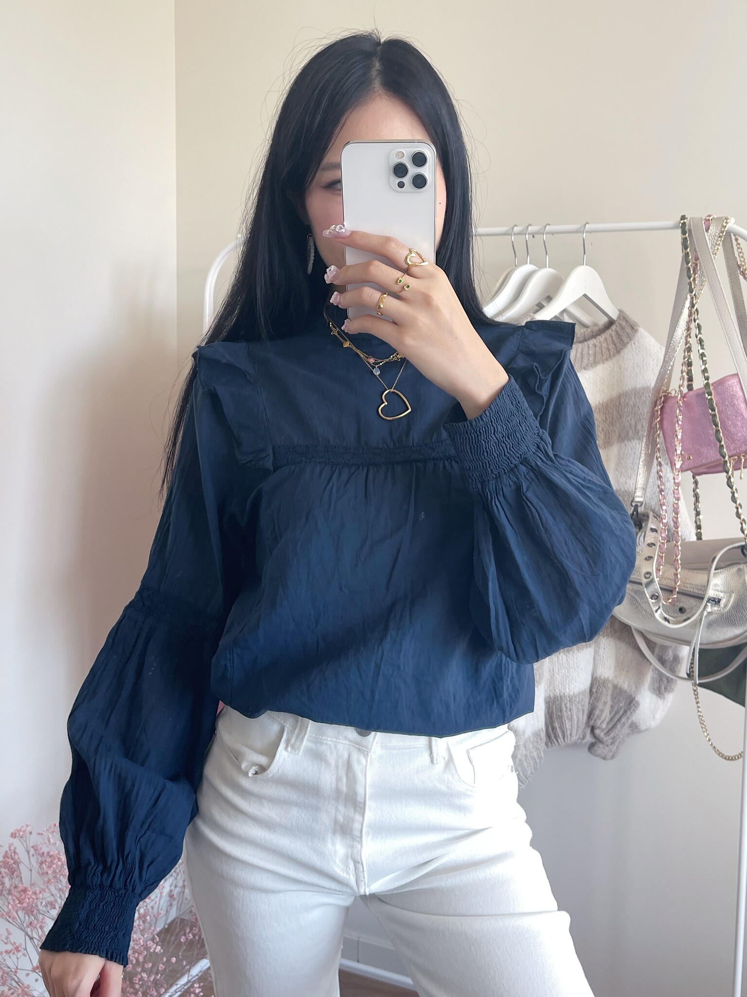 Navy sales ruffle blouse