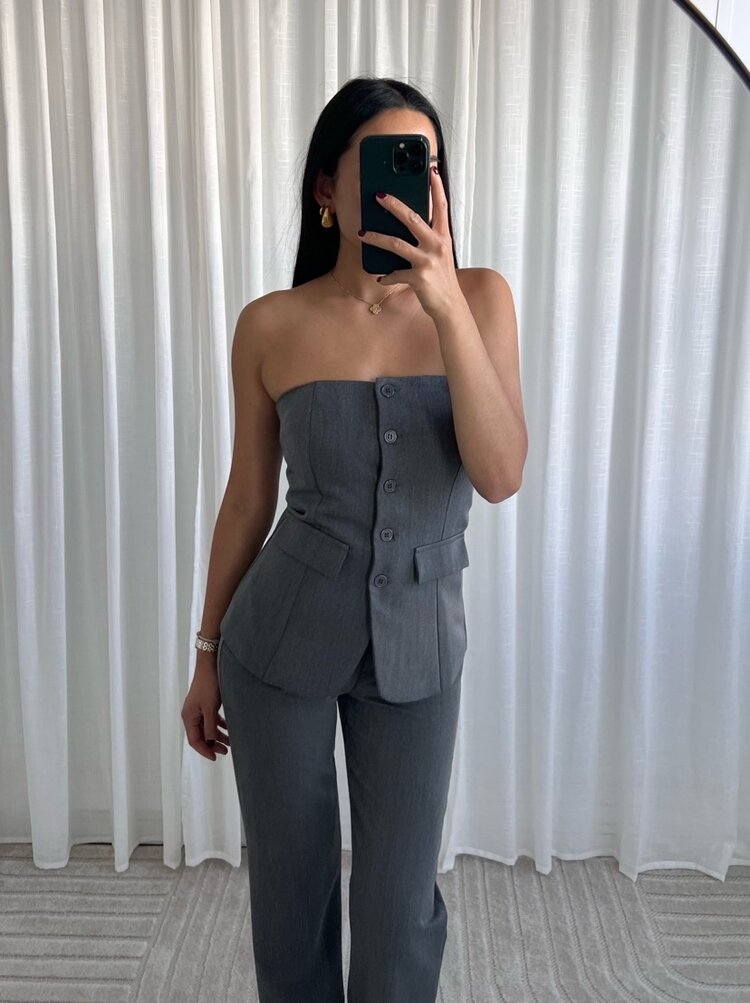 Sierra Tailored Button Bandeau Top / Washed Light Grey