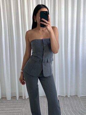 Sierra Tailored Button Bandeau Top / Washed Light Grey