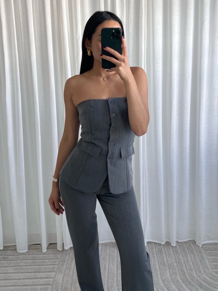 Sierra Tailored Button Bandeau Top / Washed Light Grey