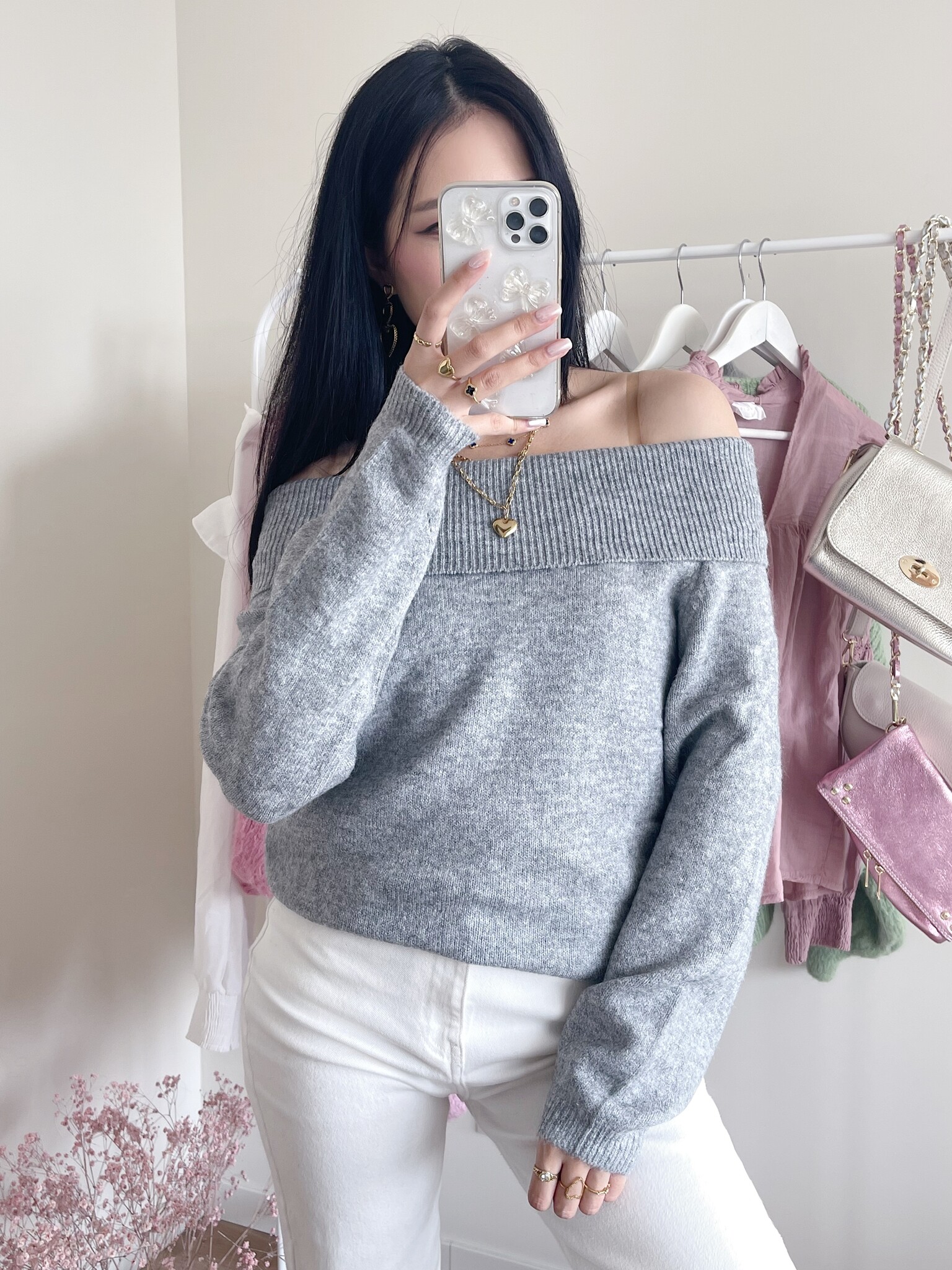 Esra Off Shoulder Sweater / Grey
