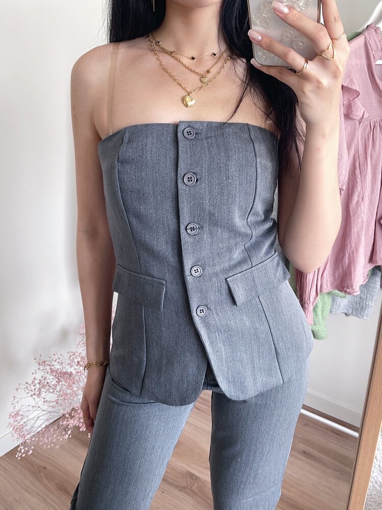 Sierra Tailored Button Bandeau Top / Washed Light Grey