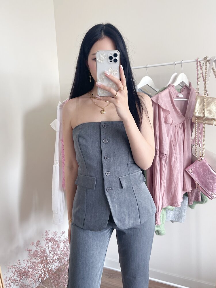 Sierra Tailored Button Bandeau Top / Washed Light Grey