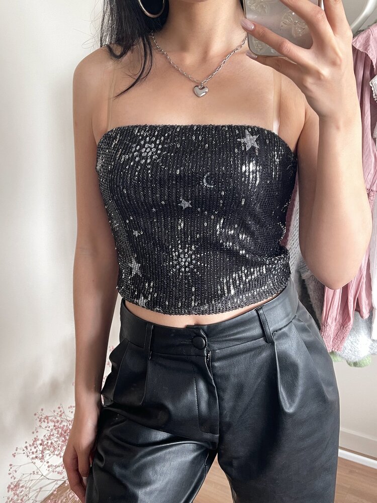 Quinta Star Sequin Tube Top / Black