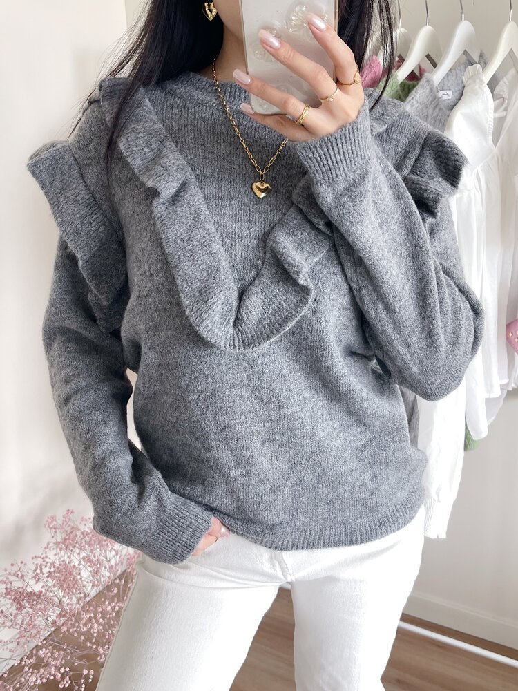 Roya Ruffle Oversized Sweater / Grey