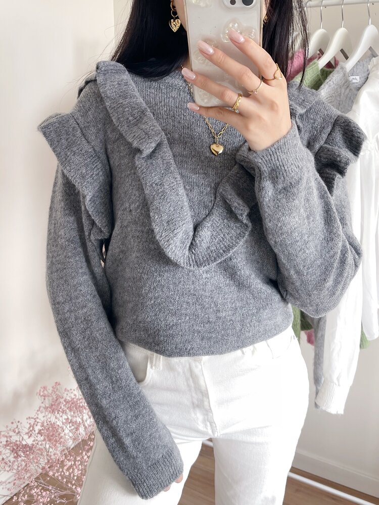 Roya Ruffle Oversized Sweater / Grey