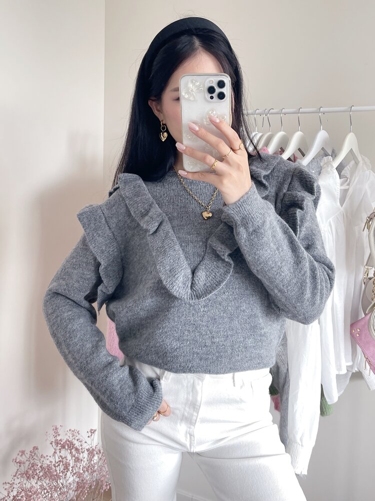 Roya Ruffle Oversized Sweater / Grey