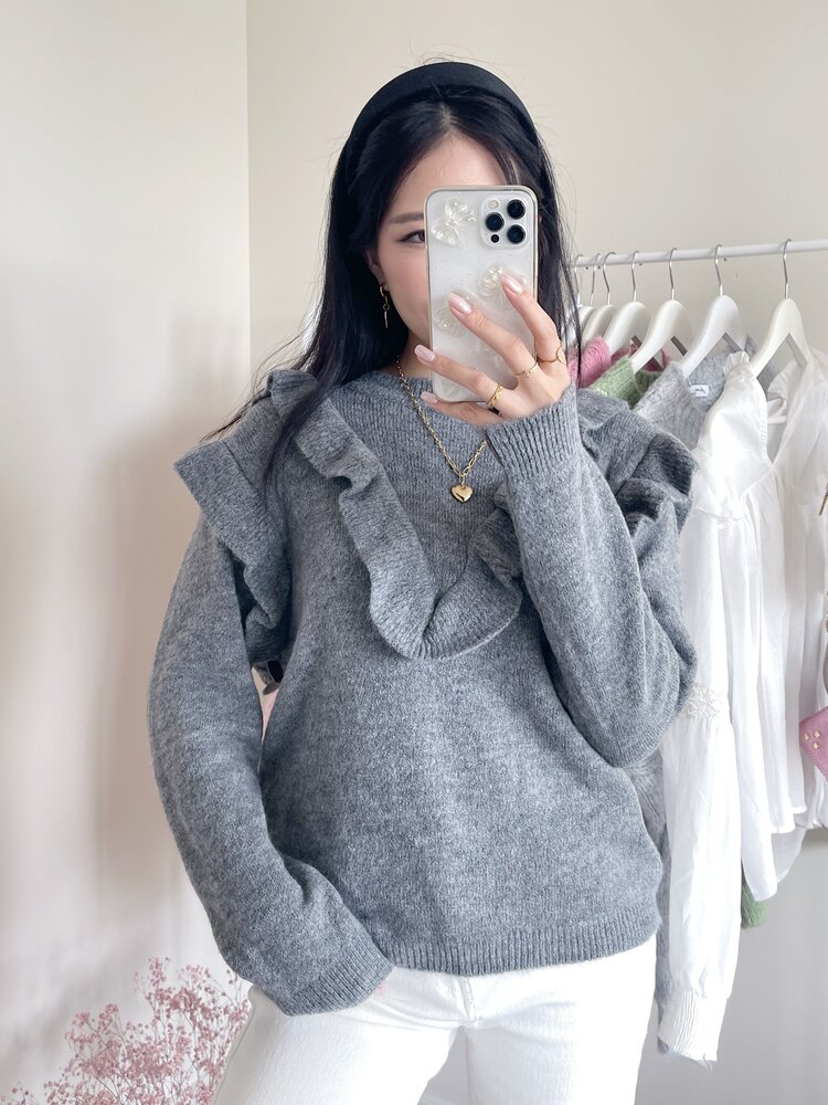 Roya Ruffle Oversized Sweater / Grey