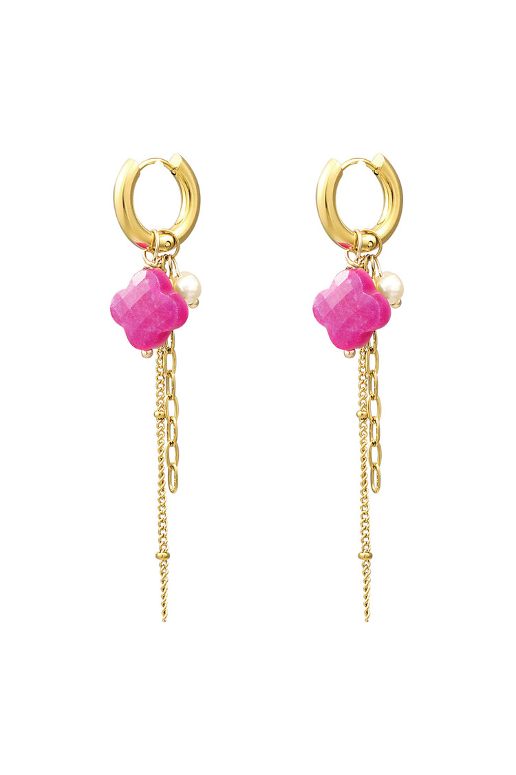 Gold Clover Chains Dangle Earrings  / Fuchsia