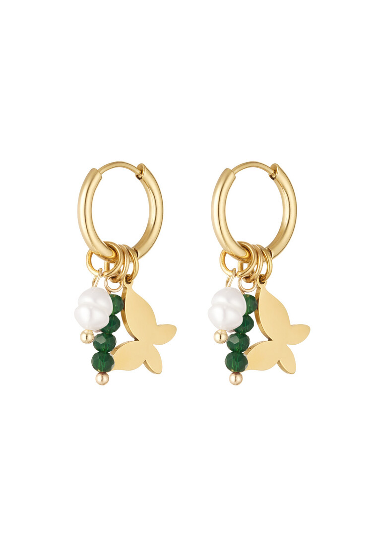Gold Butterfly Beads Earrings / Green