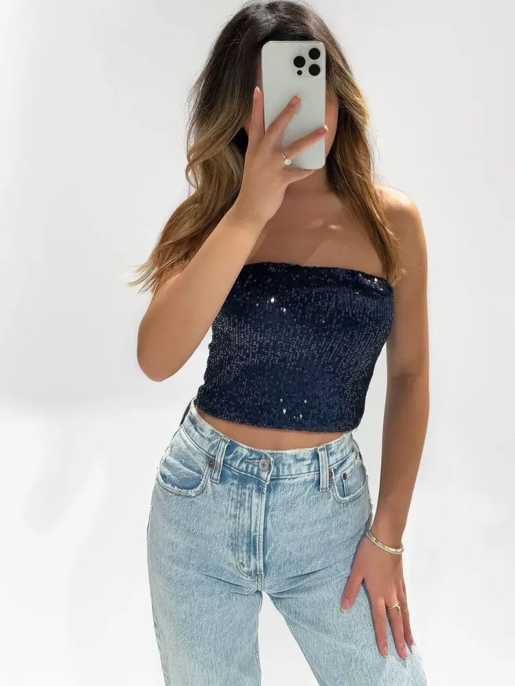 Quinta Sequin Tube Top / Navy Blue