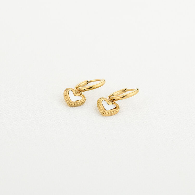 Gold Vintage Heart Earrings / White