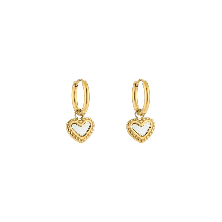 Gold Vintage Heart Earrings / White