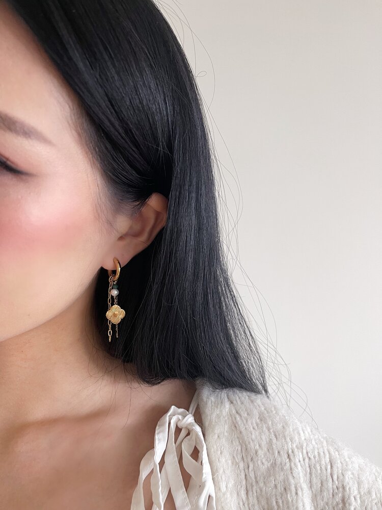 Gold Clover Beads Dangle Earrings  / Green Holo