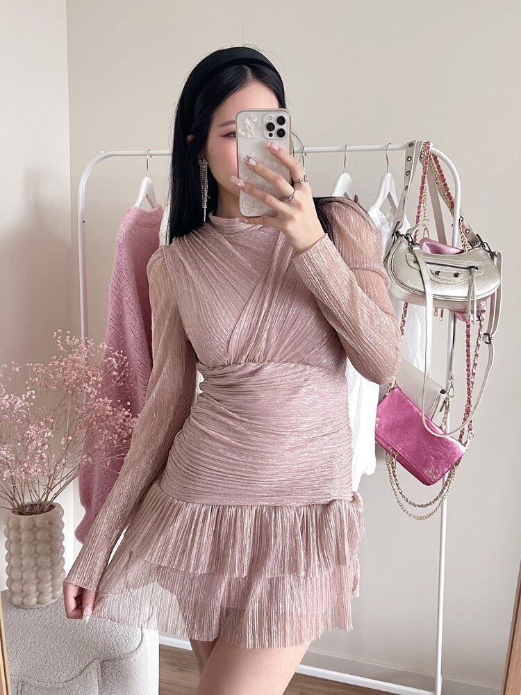 Miyu Lurex Pleated Dress / Pink
