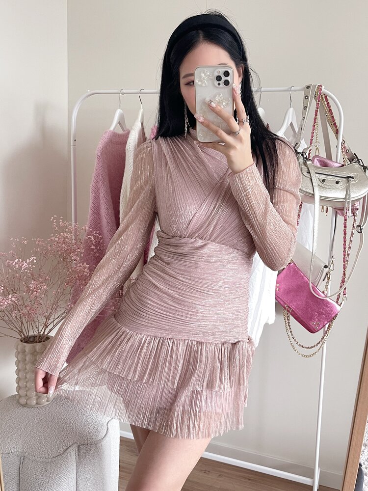 Miyu Lurex Pleated Dress / Pink
