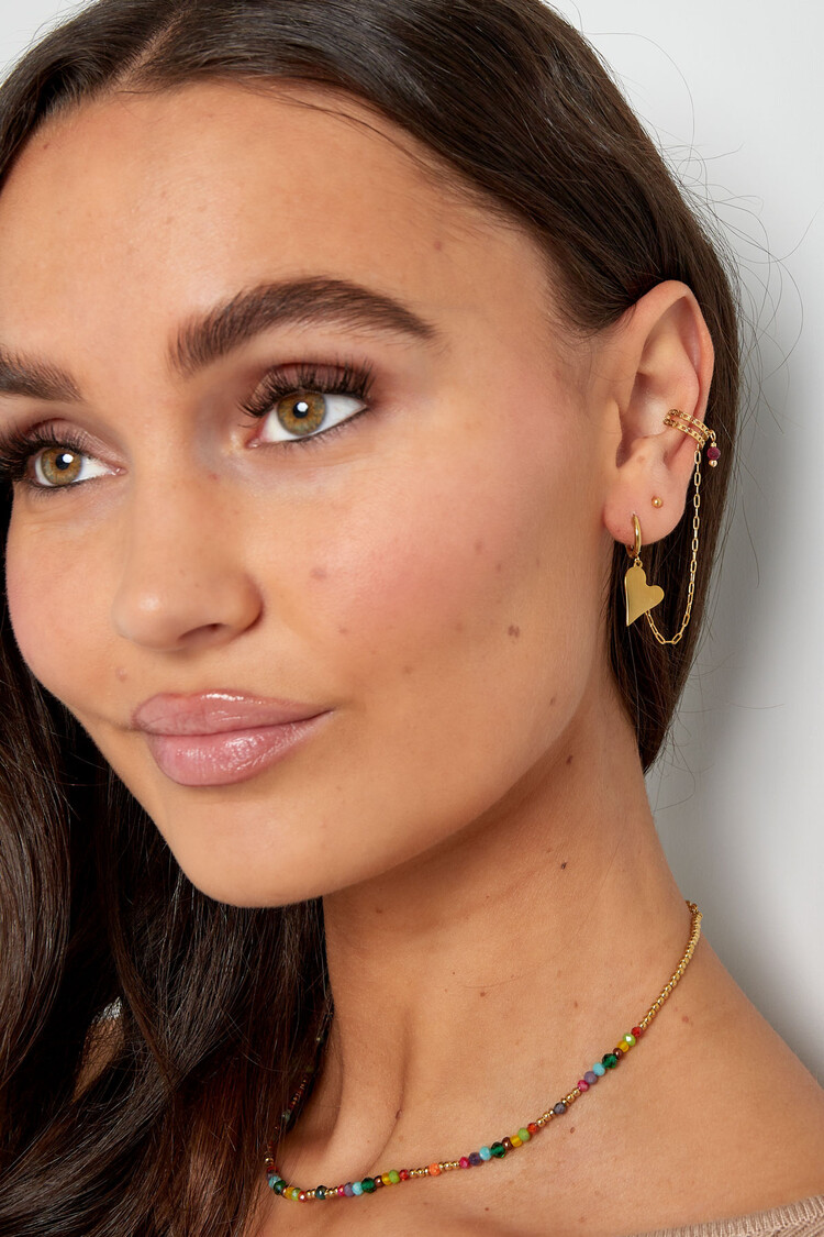 Gold Heart Bead Earring & Earcuff / Fuchsia