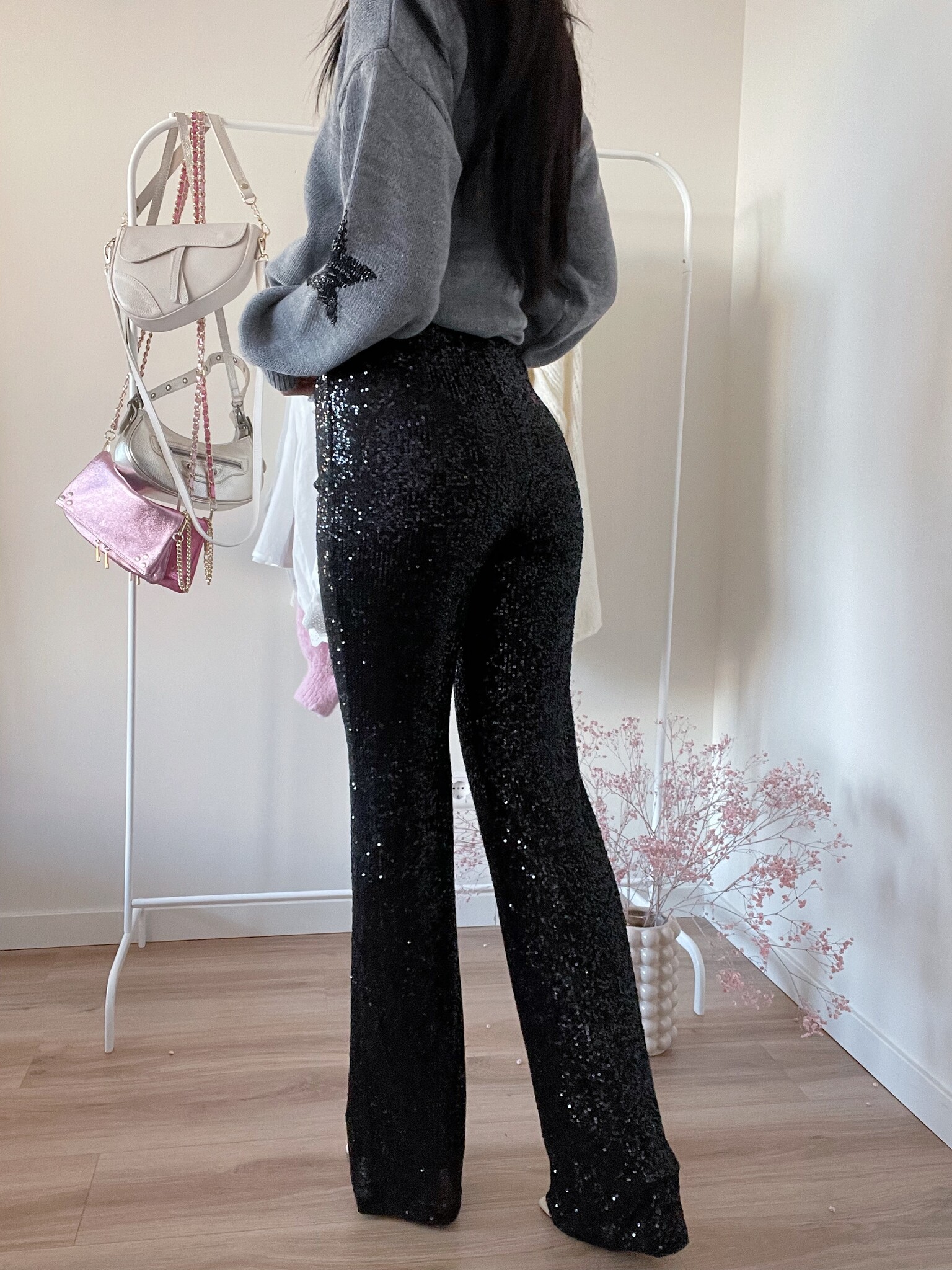 Women's Petite Sequin Flare Trousers | Boohoo UK