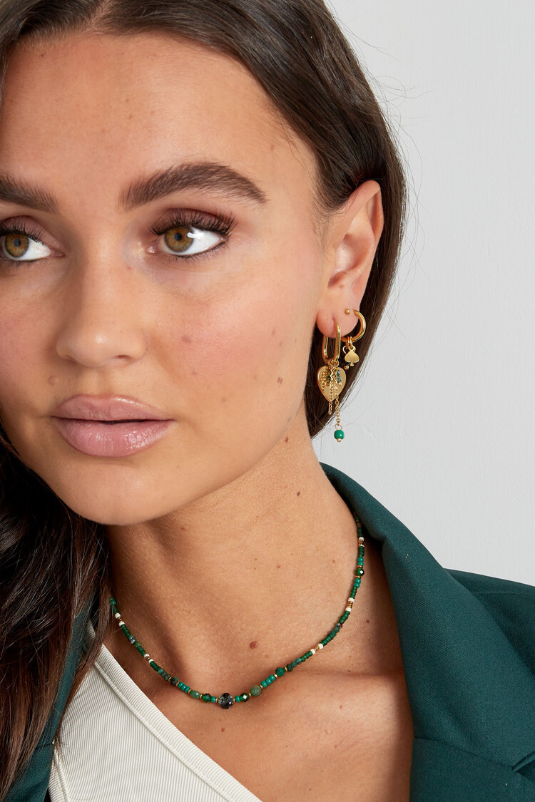 Gold Flat Heart Beads Earrings / Green