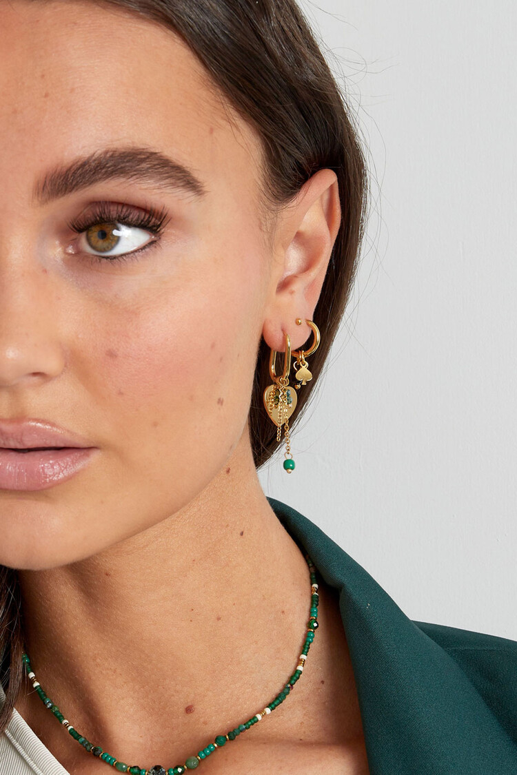 Gold Flat Heart Beads Earrings / Green