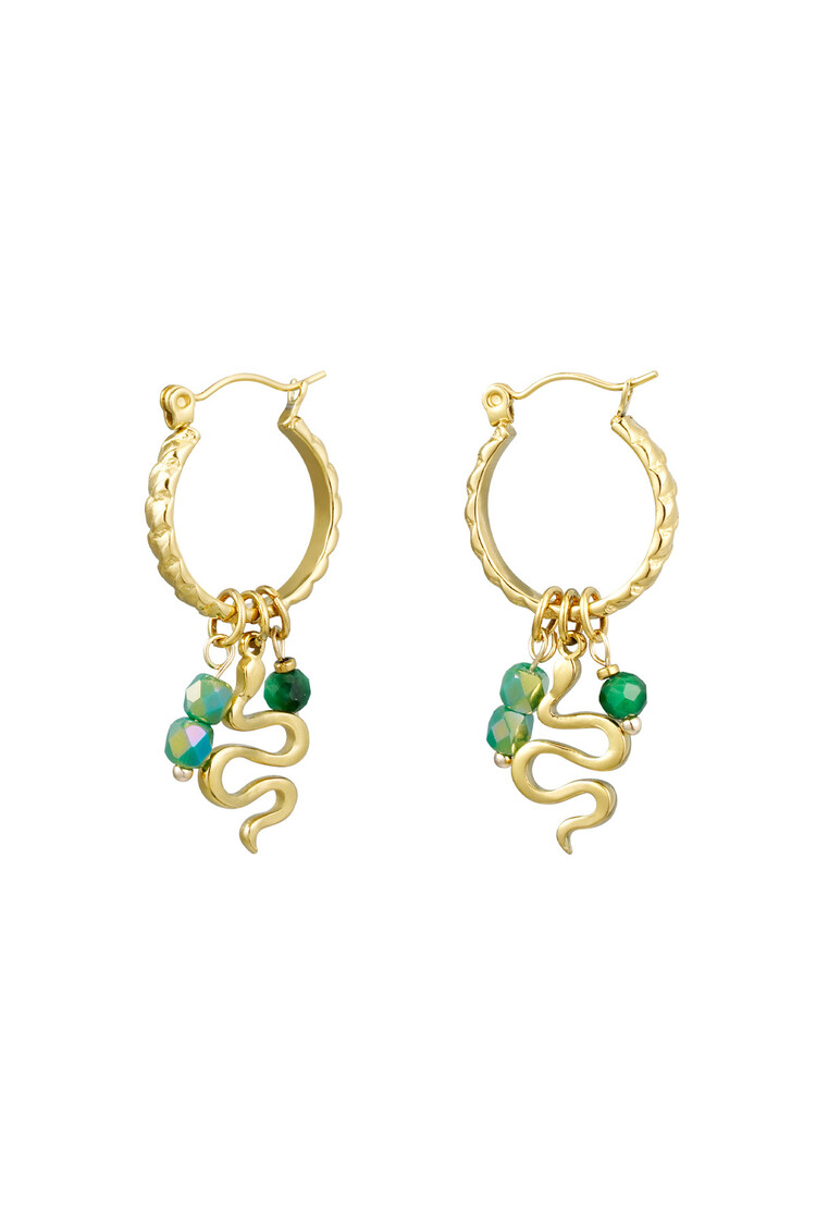 Gold Snake Beads Earrings / Green