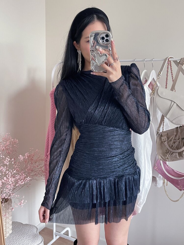 Miyu Lurex Pleated Dress / Navy