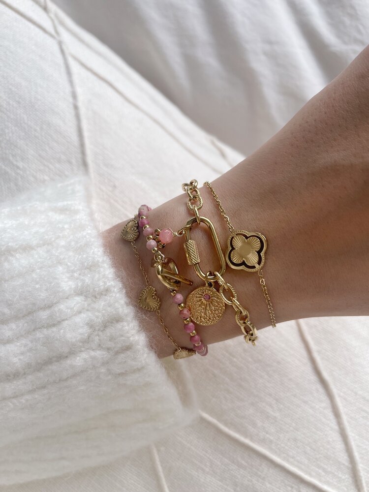 Gold Heart Lock Beads Bracelet / Pink