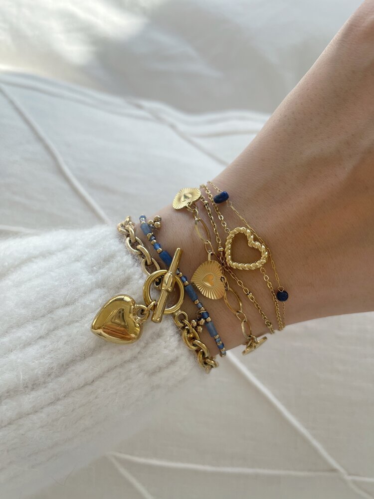 Gold Multi Chain Heart Beads Bracelet / Navy