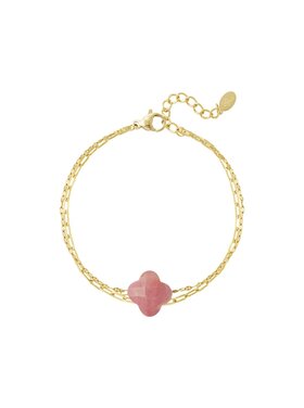 Gold Natural Stone Clover Bracelet / Pink