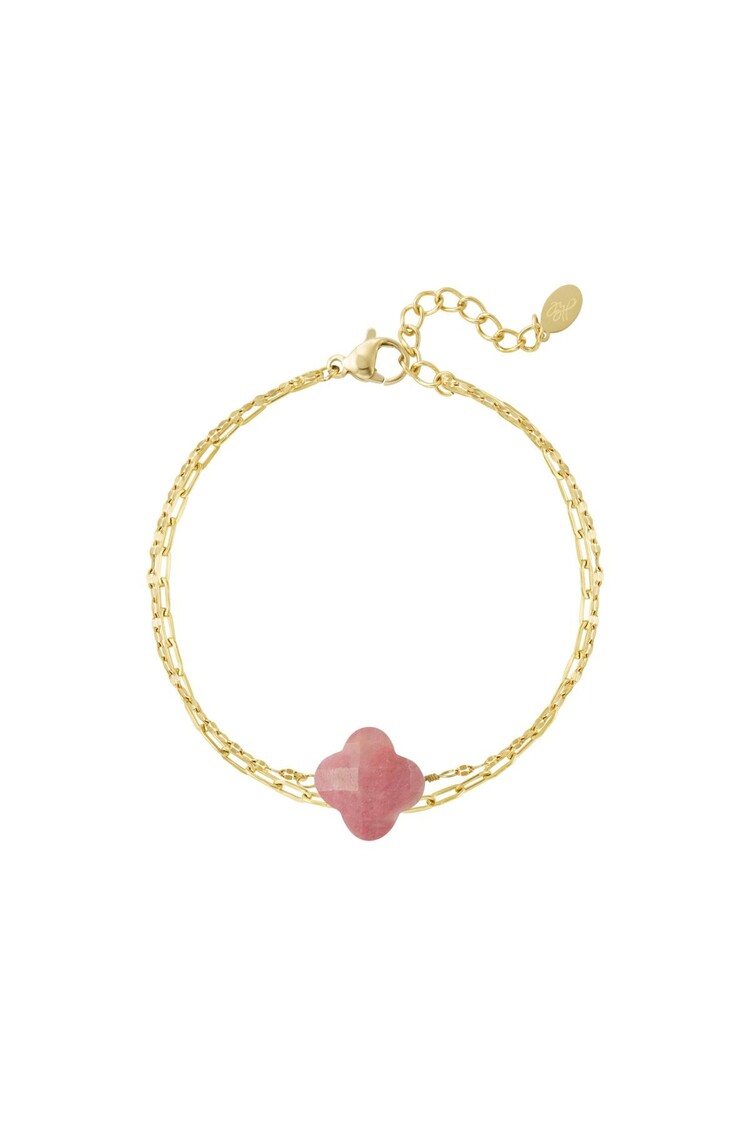 Gold Natural Stone Clover Bracelet / Pink