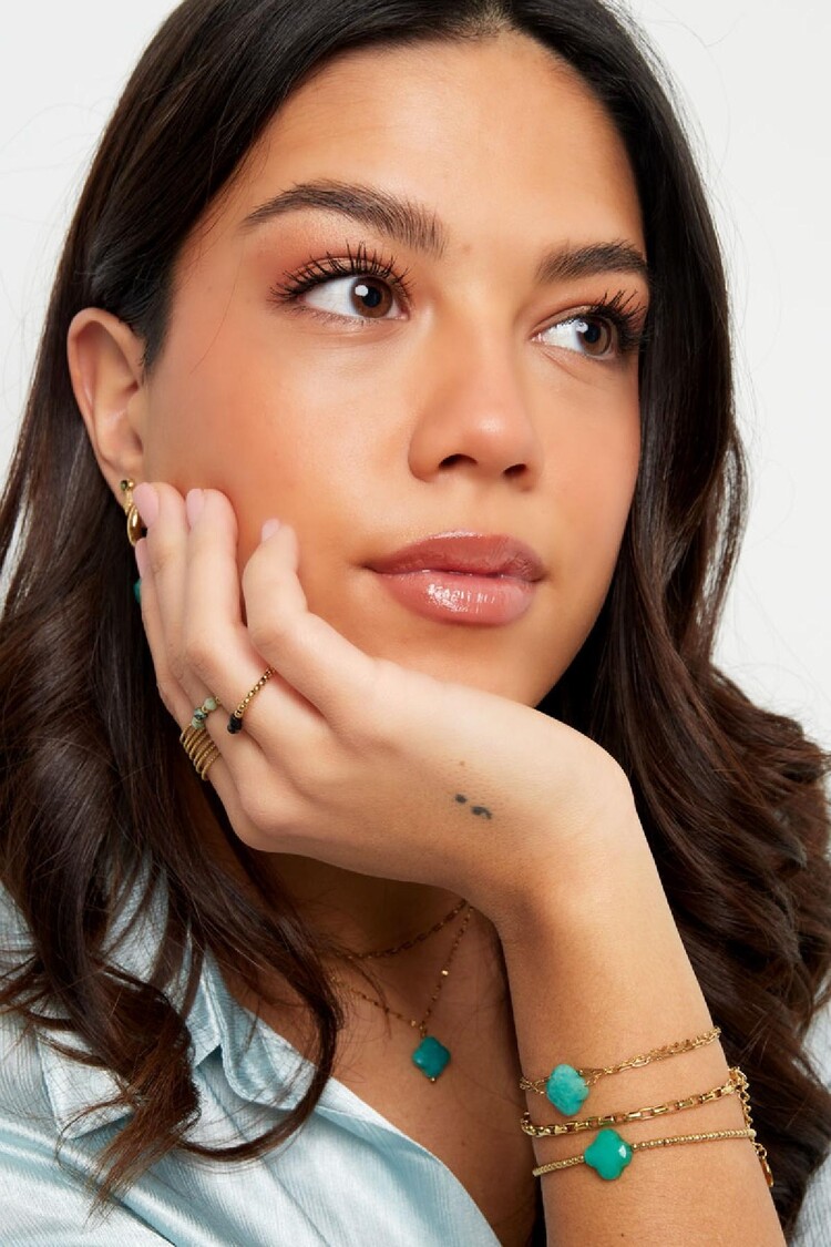 Gold Natural Stone Clover Bracelet / Pink