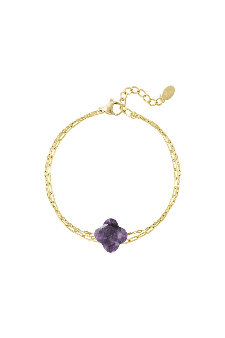 Gold Natural Stone Clover Bracelet / Purple