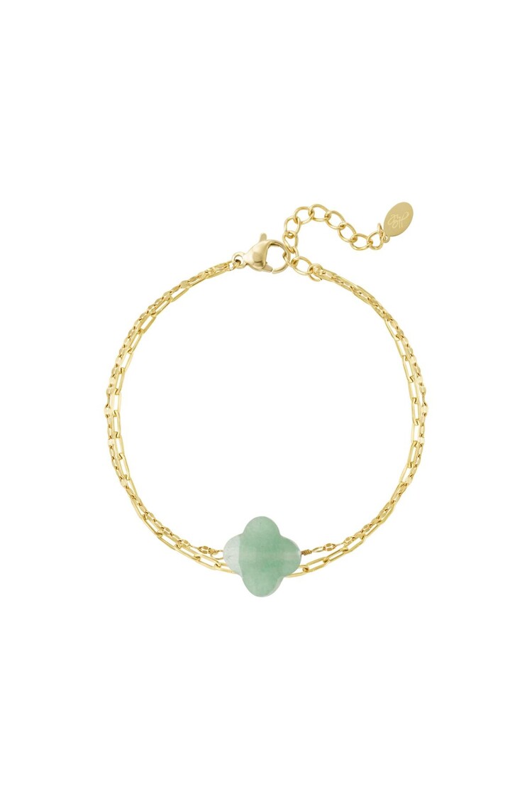 Gold Natural Stone Clover Bracelet / Green