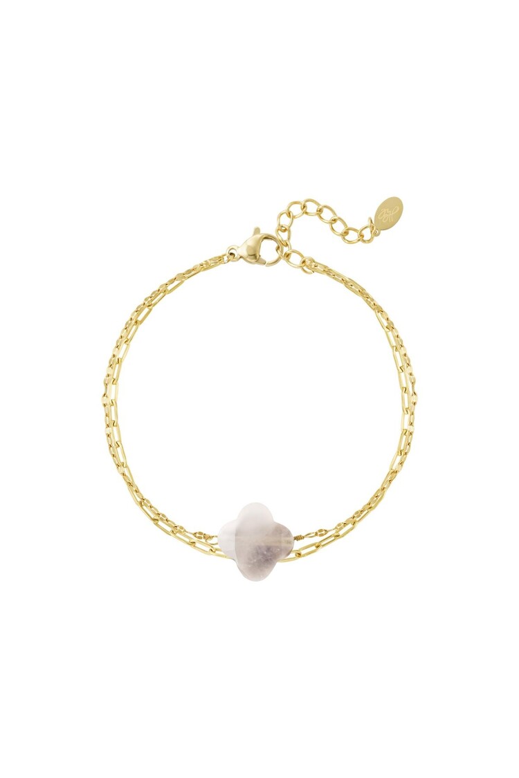 Gold Natural Stone Clover Bracelet / Light Pink