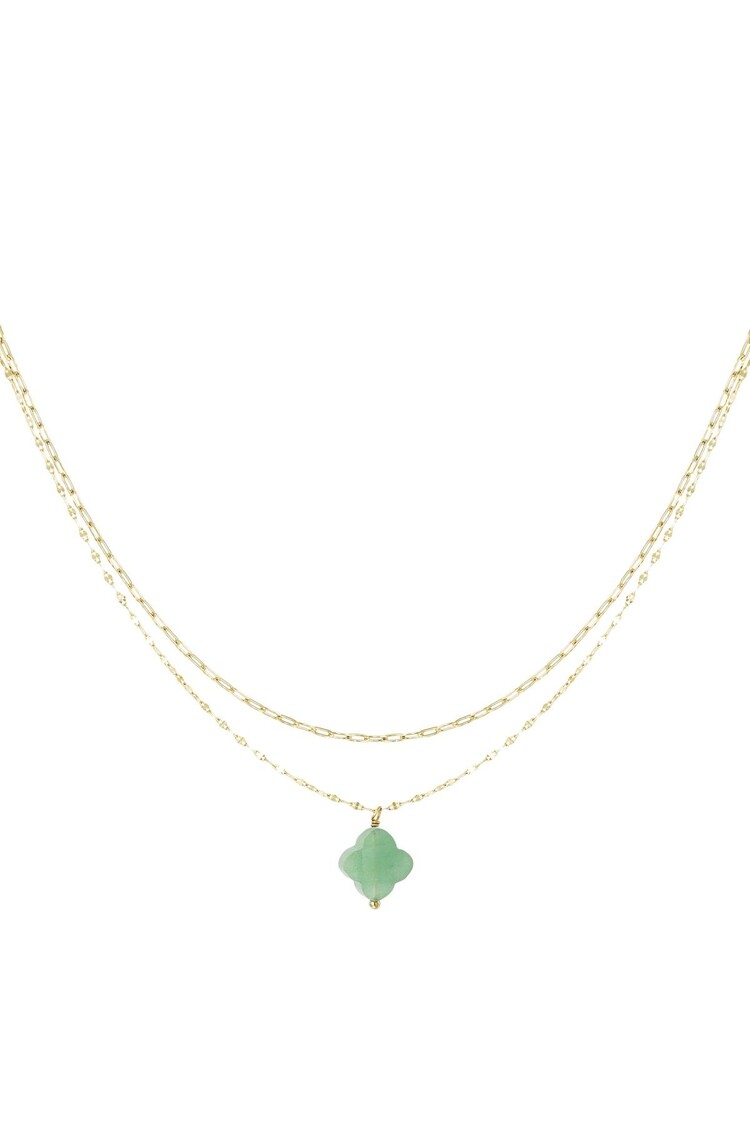 Gold Natural Stone Clover Necklace / Green