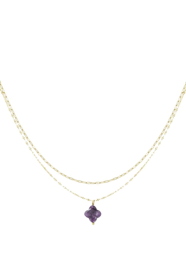 Gold Natural Stone Clover Necklace / Purple