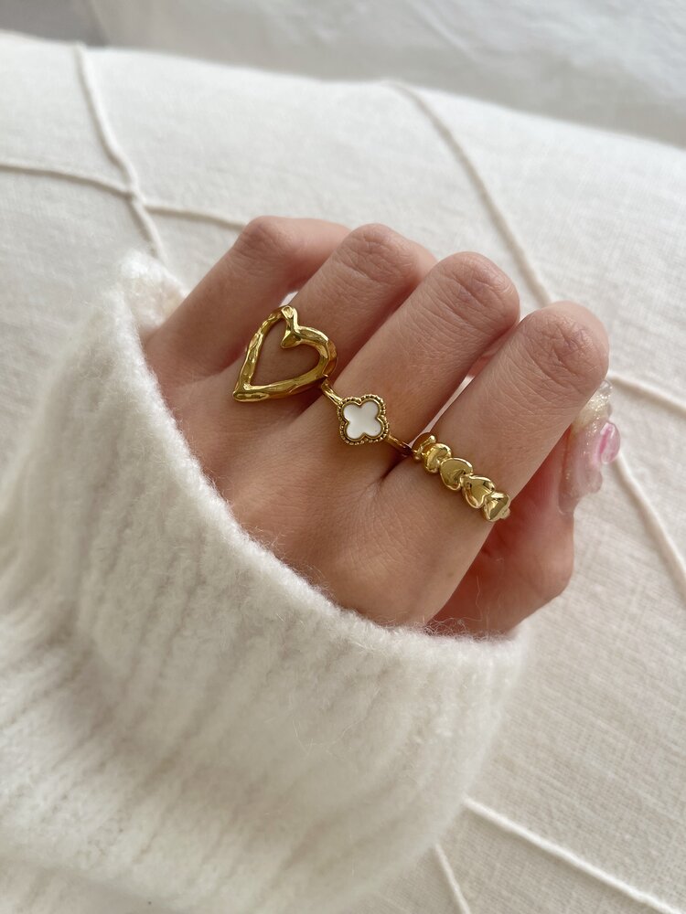Gold Four Leaf Clover Ring / White