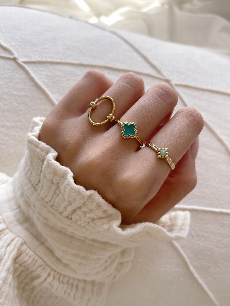 Gold Four Leaf Clover Ring / Turquoise