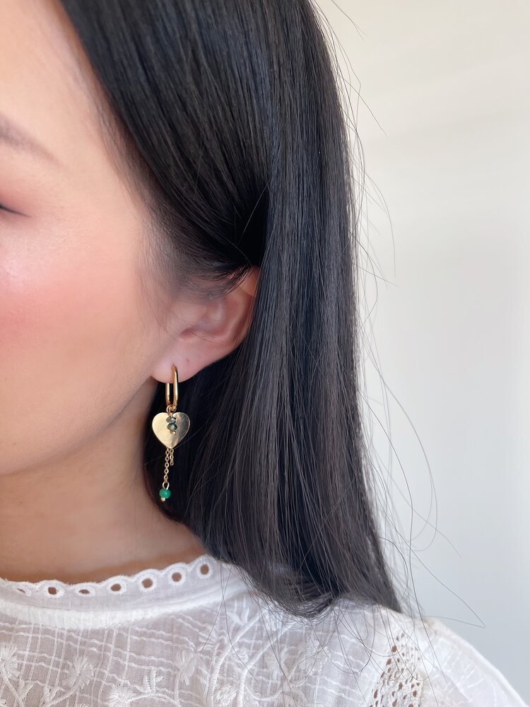 Gold Flat Heart Beads Earrings / Green