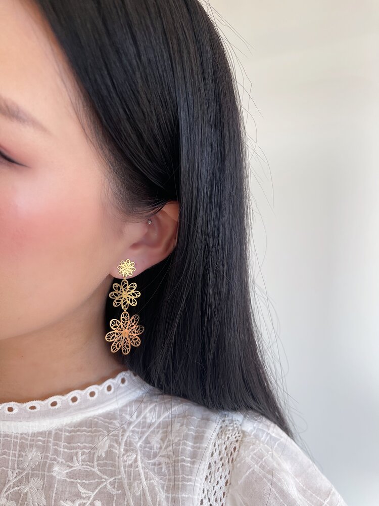 Gold Triple Flower Earrings