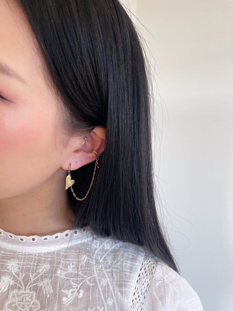 Gold Heart Bead Earring & Earcuff / Fuchsia