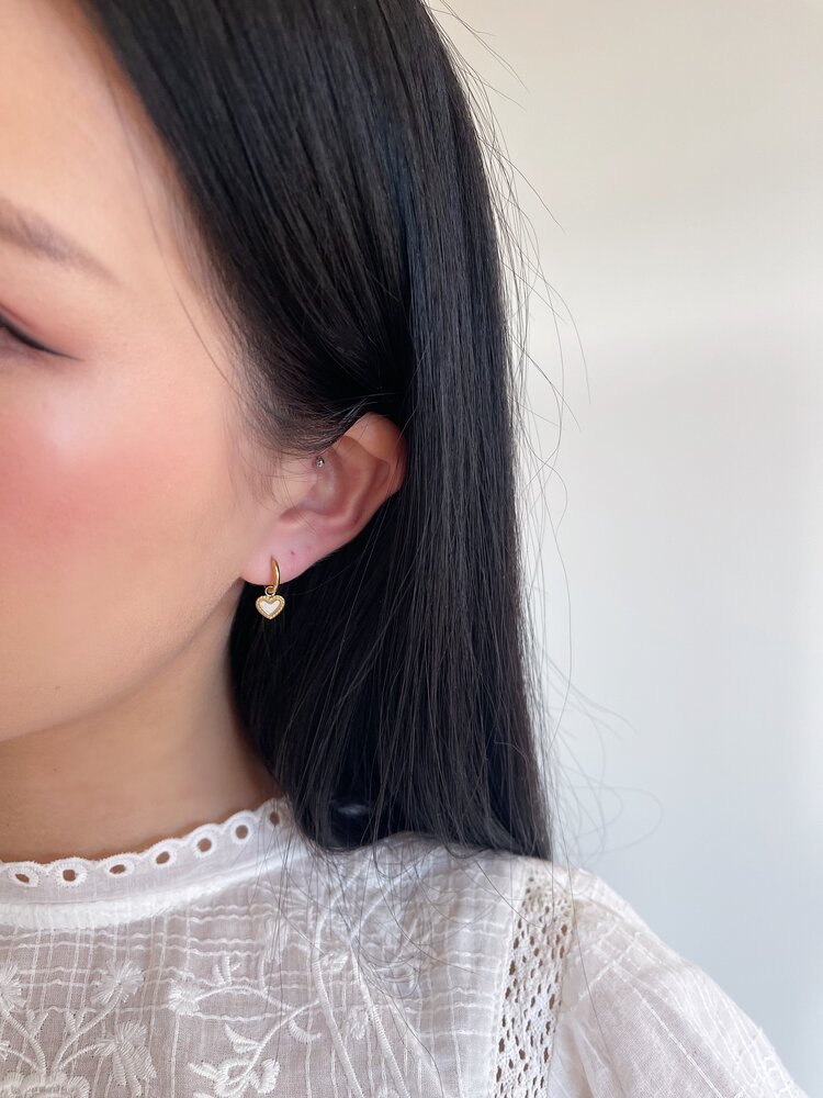 Gold Vintage Heart Earrings / White