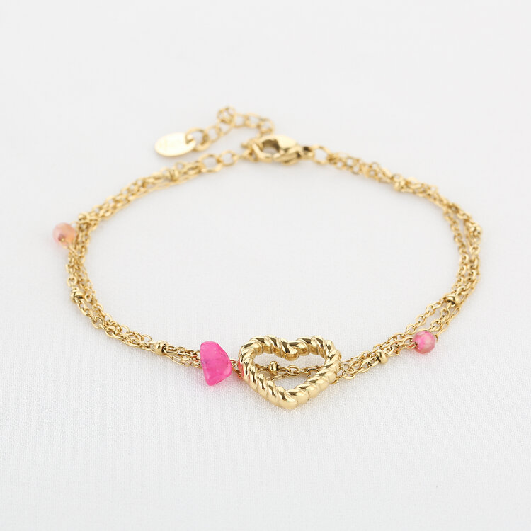 Gold Multi Chain Heart Beads Bracelet / Pink