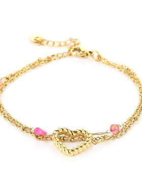 Gold Multi Chain Heart Beads Bracelet / Pink