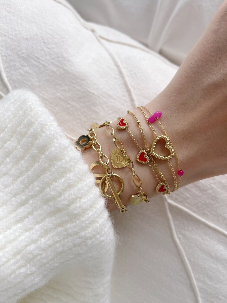 Gold Multi Chain Heart Beads Bracelet / Pink